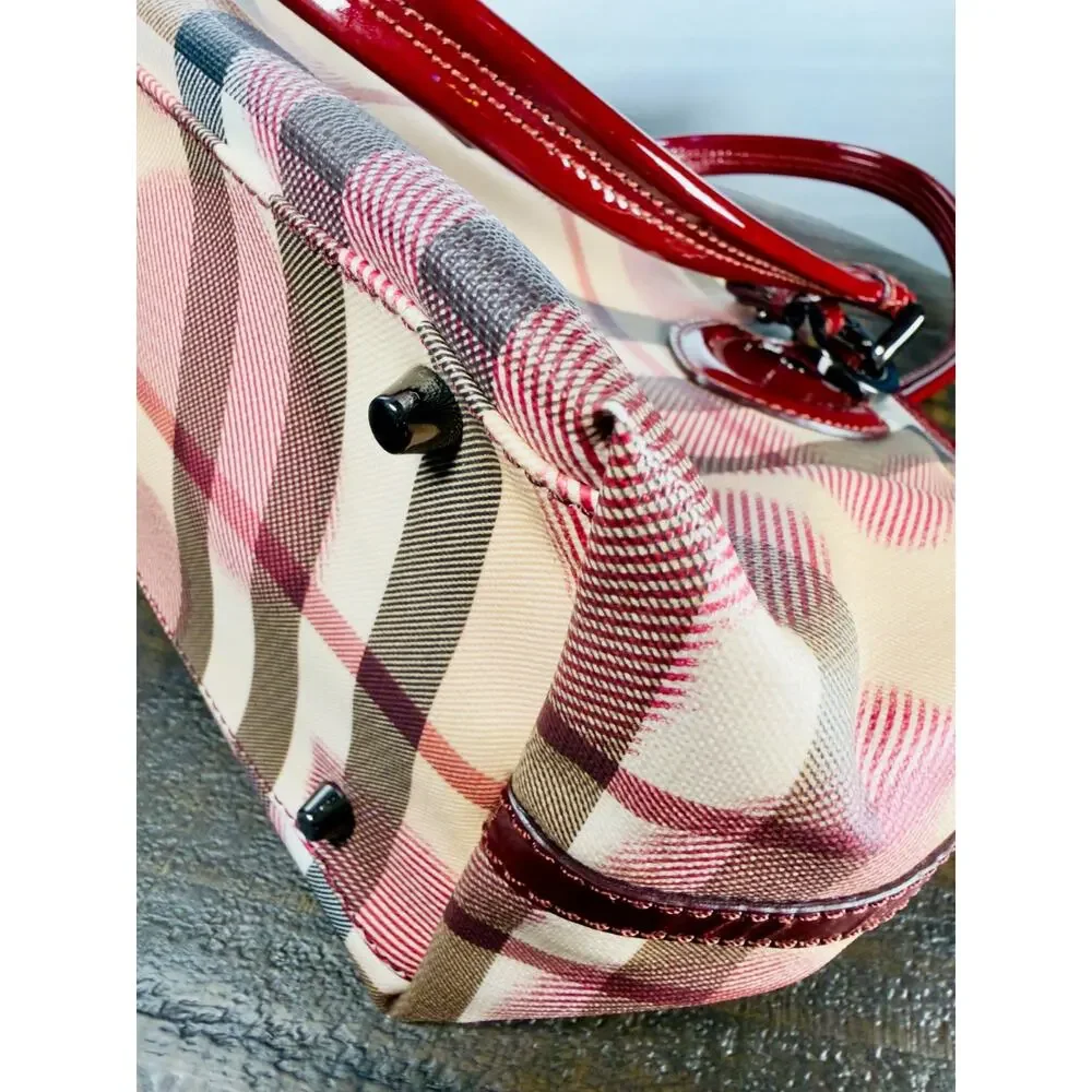 Authentic Burberry Heart Nova Check Tote Bag Coated Canvas Red Patent Trim Charm